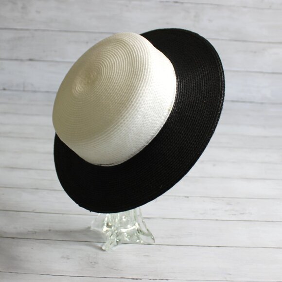 Ernie Vintage Women's Boater Hat Black White Straw Classic Brim Derby - Picture 1 of 7